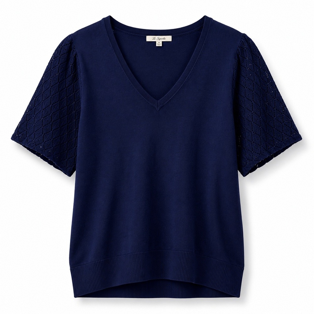Les Serein Quinne Navy Blue Pointelle Sleeve V-Neck Pullover Sweater 1X NWT